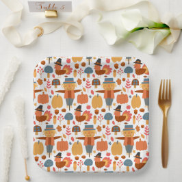 Patroon voor Thanksgiving Turkije en Scarecrow Papieren Bordje