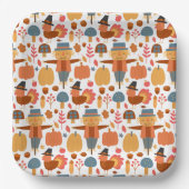 Patroon voor Thanksgiving Turkije en Scarecrow Papieren Bordje (Voorkant)