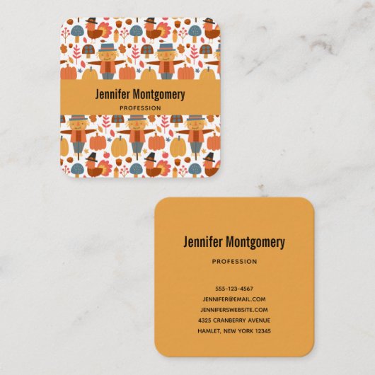 Patroon voor Thanksgiving Turkije en Scarecrow Vierkante Visitekaartje (Voorkant / Achterkant)