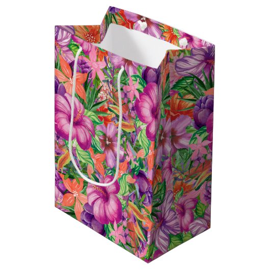 Patroon voor Tropische Hawaiian Flowers Medium Cadeauzakje (Voorkant Gekanteld)