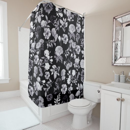Patroon voor zwarte en witte bloemen douchegordijn (In situ)
