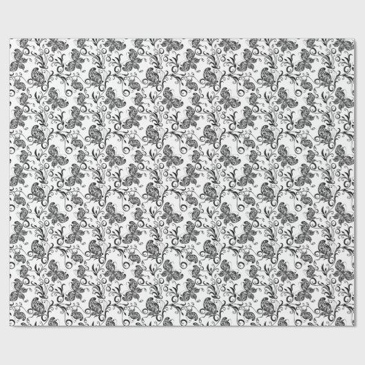 Patroon voor zwarte en witte vlinders en bloemen cadeaupapier (Vlak)