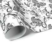 Patroon voor zwarte en witte vlinders en bloemen cadeaupapier (Rol Hoek)