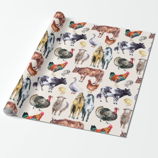 Patroon waterverf van landbouwhuisdieren cadeaupapier (Uitgerold)