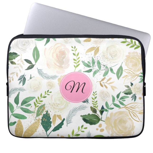 Patroon waterverven Witte en beige Rozen Laptop Sleeve (Voorkant)