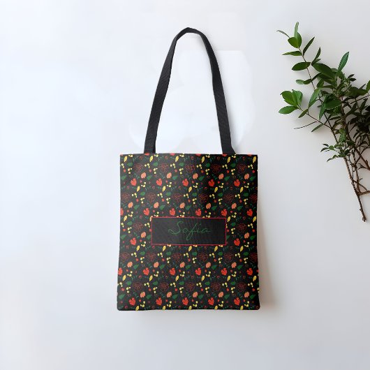 Patroon wilde bloemen rode klaproos zwarte canvas  tote bag