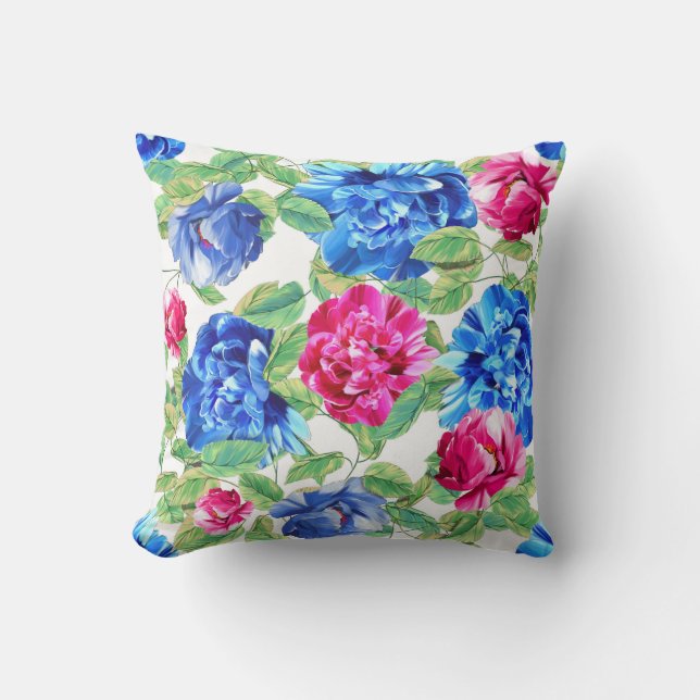  patroondraad van Bright Roze en Blauwe Floral P Kussen (Voorkant)