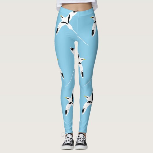 Patroonkleurige witte staart Tropicbird blauw Leggings (Voorkant)