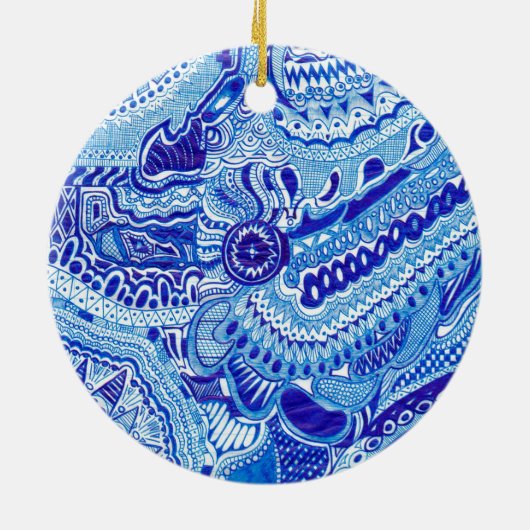 Patroonkunst in Royal Blue en White Ming Keramisch Ornament (Achterkant)