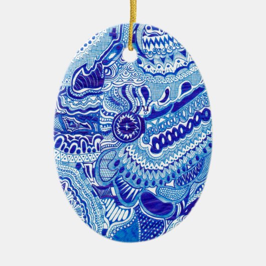 Patroonkunst in Royal Blue en White Ming Keramisch Ornament (Voorkant)