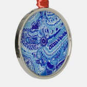 Patroonkunst in Royal Blue en White Ming Metalen Ornament (Rechts)