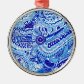 Patroonkunst in Royal Blue en White Ming Metalen Ornament (Voorkant)