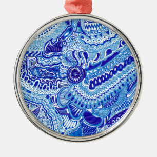 Patroonkunst in Royal Blue en White Ming Metalen Ornament