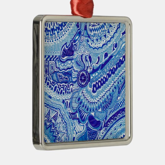 Patroonkunst in Royal Blue en White Ming Metalen Ornament (Rechts)