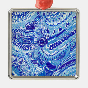 Patroonkunst in Royal Blue en White Ming Metalen Ornament