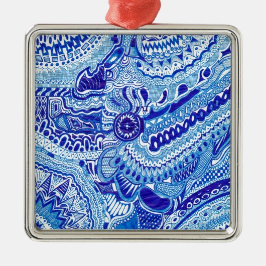 Patroonkunst in Royal Blue en White Ming Metalen Ornament (Voorkant)