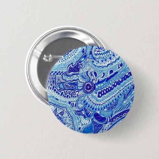 Patroonkunst in Royal Blue en White Ming Ronde Button 5,7 Cm (Voorkant /achterkant)
