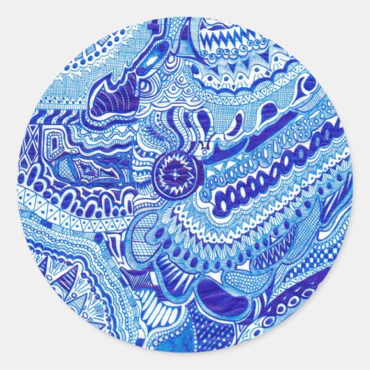 Patroonkunst in Royal Blue en White Ming Ronde Sticker (Voorkant)