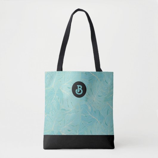 Patroonmonogram lichtblauw en gouden palmbladeren tote bag (Voorkant)