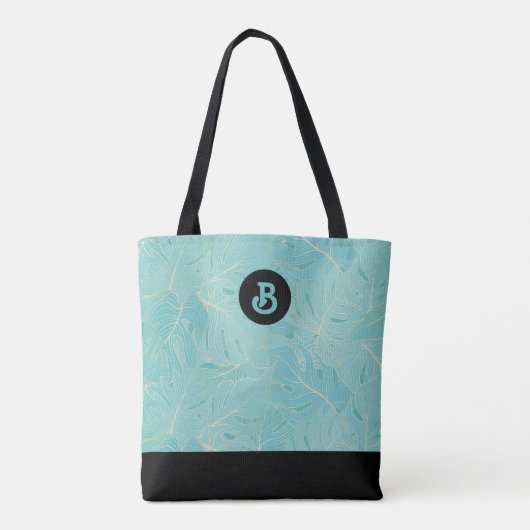 Patroonmonogram lichtblauw en gouden palmbladeren tote bag (Achterkant)
