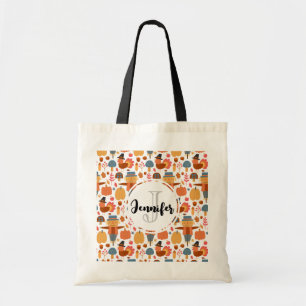 Patroonmonogram Thanksgiving Turkije en Scarecrow Tote Bag