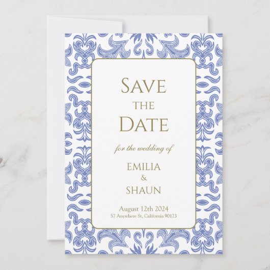 Patroonsteen Blauw Bruiloft Save the Dates Kaart (Voorkant)