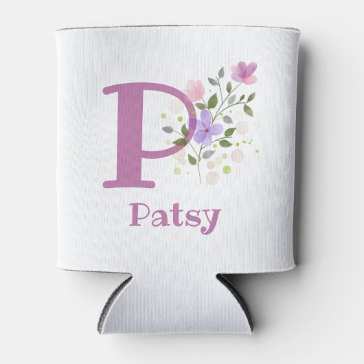 Patsy naam met een bloemendesign blikjeskoeler (Voorkant)
