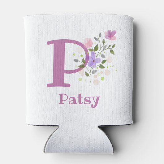 Patsy naam met een bloemendesign blikjeskoeler (Achterkant)