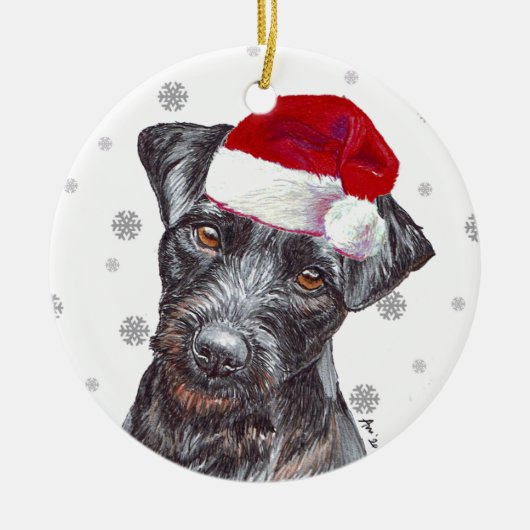Patterdale Terrier - Santa Hat Kerstmis Bauble D Keramisch Ornament (Voorkant)