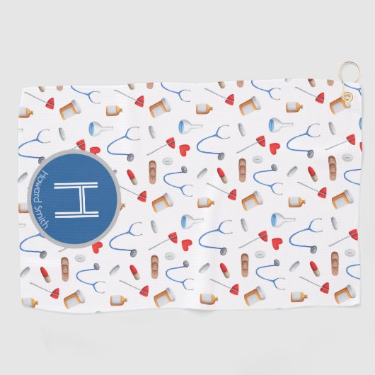 Pattern Blue Monogram Doctor Golfhanddoek (Horizontaal)