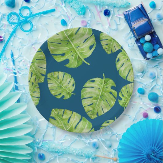 Pattern Cute Chic Banana Leaf Green Blue Papieren Bordje (Feest)