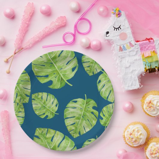 Pattern Cute Chic Banana Leaf Green Blue Papieren Bordje (Feest)