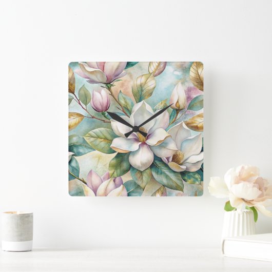Pattern Elegant Magnolias Vierkante Klok (Huis)