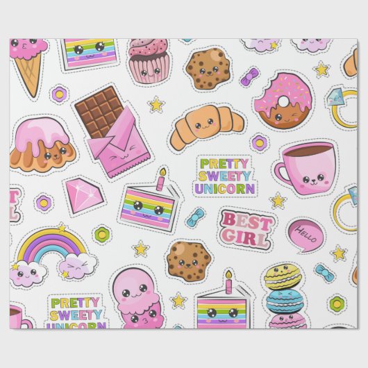 Pattern Funny Unicorn Magic Rainbow Cute Cadeaupapier (Vlak)