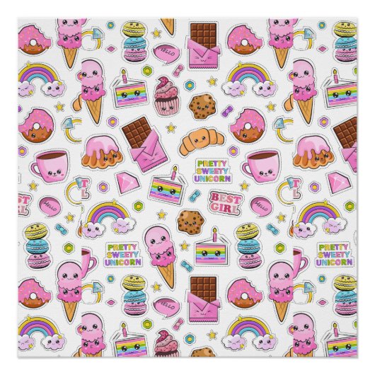 Pattern Funny Unicorn Magic Rainbow Cute Perfect Poster (Voorkant)