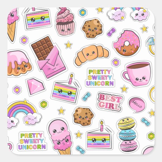 Pattern Funny Unicorn Magic Rainbow Cute Vierkante Sticker (Voorkant)