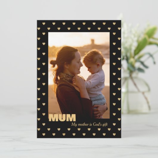 Pattern hearts Moeder's foto Black Holiday Kaart (Staand voorkant)