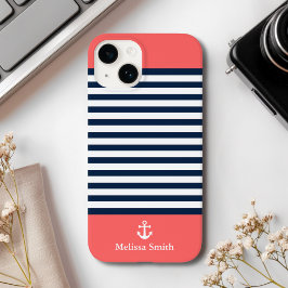 Pattern Navy blue and white bands Orange Case-Mate iPhone 14 Hoesje