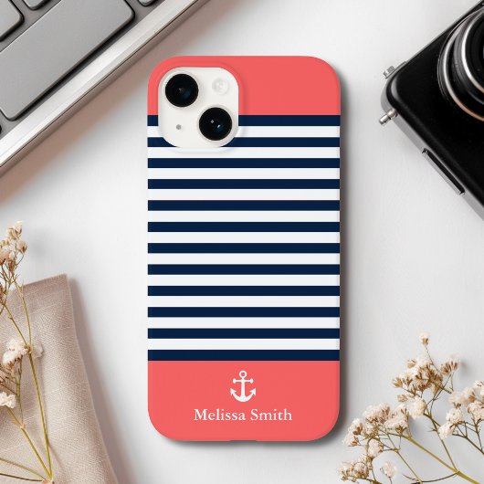 Pattern Navy blue and white bands Orange Case-Mate iPhone Case
