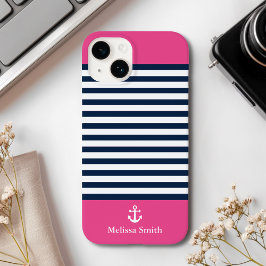 Pattern Navy blue and white bands pink background Case-Mate iPhone 14 Hoesje