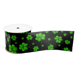 Pattern of green shamrocks on black background satijnen lint