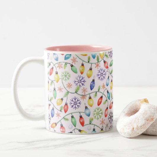 Pattern Retro Christmas Lights Tweekleurige Koffiemok (Met donut)