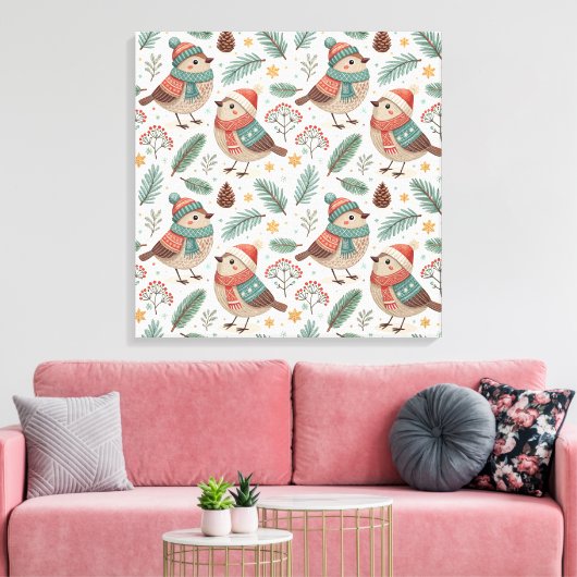 Pattern Scandinavian Christmas Birds Canvas Afdruk (Insitu (Woonkamer))