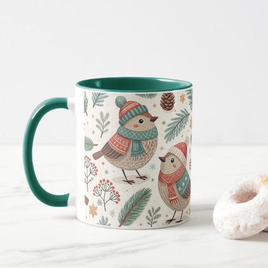 Pattern Scandinavian Christmas Birds Mok (Met donut)