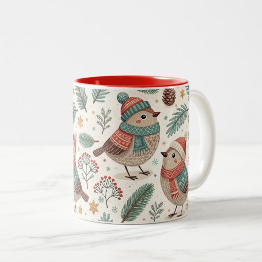 Pattern Scandinavian Christmas Birds Tweekleurige Koffiemok (Voorkant rechts)
