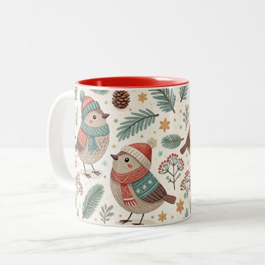 Pattern Scandinavian Christmas Birds Tweekleurige Koffiemok (Voorkant links)