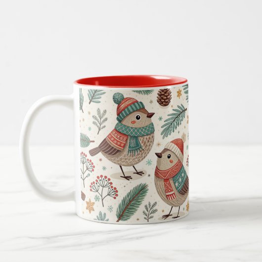 Pattern Scandinavian Christmas Birds Tweekleurige Koffiemok (Links)