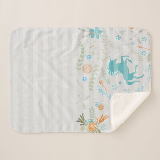 Pattern Unicorn Stripe Blauwgroen grijs koraal Sherpa Deken (Voorkant (horizontaal))