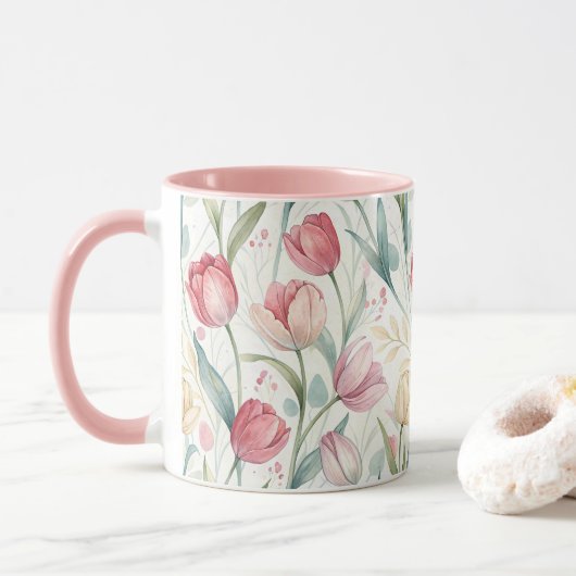 Pattern Watercolor Modern Tulips Mok (Met donut)