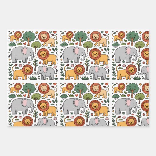 Patterned design featuring elephants, lions. inpakpapier vel (Voorkant 2)